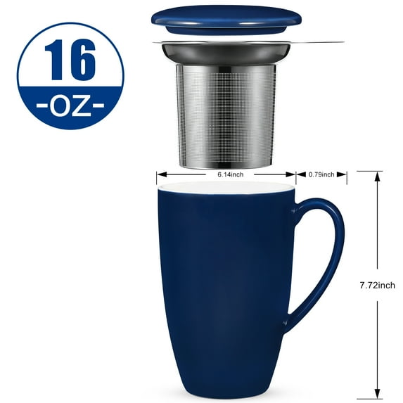 16 OZ Porcelain Tea Mug with Filter and Lid, Loose Leaf Tea Cup Steeper Maker, Gifts for Tea Lover, Navy Blue