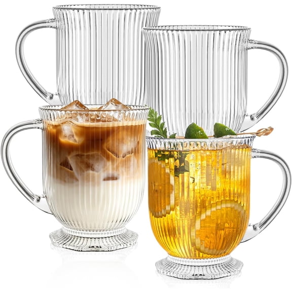 16 OZ Premium Glass Coffee Mugs with Handle Set of 4, Large Classic Vertical Stripes Cups, Clear Tea Cup for Hot/Cold Beverages, Glassware Americano, Latte, Cappuccino