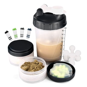 16 OZ Protein Shaker Bottle with Mixer Ball and 2 Interlocking Storage Jars for Pills,Protein,Snacks, Coffee, Tea. 100% BPA Free,Non Toxic and Leak Proof Sports Bottle-Black