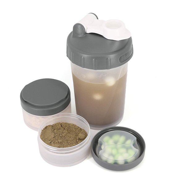16 OZ Protein Shaker Bottle with Mixer Ball and 2 Interlocking Storage Jars for Pills,Protein,Snacks, Coffee, Tea. 100% BPA Free,Non Toxic and Leak Proof Sports Bottle-Grey