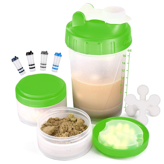 16 OZ Protein Workout Shaker Bottle with Mixer Ball and 2 close-connected Storage Jars for Pills, Snacks, Coffee, Tea. 100% BPA-Free, Non Toxic and Leak Proof Sports Bottle