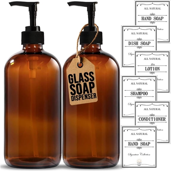 16 OZ Thick Amber Glass Soap Dispenser with Pump 2 Pack, Hand and Dish Set for Bathroom 6 Waterproof Labels