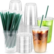 25 Sets U-Shaped Clear PET Iced Coffee Cups with Lids and Straws,Disposable Plastic Drinking Cups for Smoothie, Milk Tea, Juice, Cold Drinks16 OZ