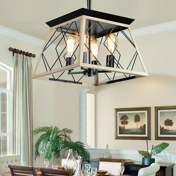 16" Oak Industrial 4-Light Pendant Chandelier, Modern Metal Cage Light for Dining Room Kitchen Island, Adjustable Height, Farmhouse Hanging Lamp (Bulbs Not Included)