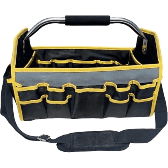 16" Open Top Tool Tote, 1680D Durable Tool Organizer for Plumber, Electrician, HVAC Technicians. Trade Professionals Tool Bag, Tool Bag with Detachable Strap (Yellow with SS Handle, 16 Inches)$$Tools