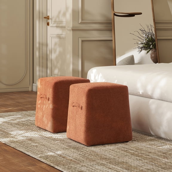 16" Orange Fleece Ottoman, Square & Stylish / Fits Small Spaces and Multiple Uses