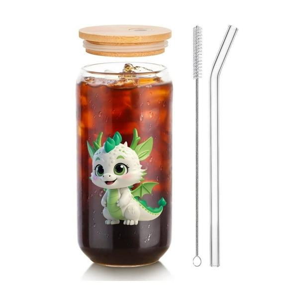 KOCHIC CRATE Cute Clear Glass Cup with Straw and Lid, 16oz Glass Drinking Cup with 3D Printed Dragon Design, Great for Gift and Everyday Use