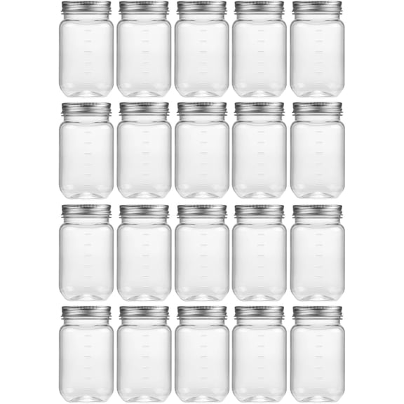 16 Ounce Clear Plastic Jars with Lids 20 Pack Silver