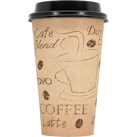 16 Ounce Disposable Paper Coffee Hot Cups with Black Lids - 50 Sets - Coffee Latte Macchiato To Go Large Portion