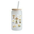 thumbnail image 1 of 16 Oz Frosted Glass Cup with Straw and Lid, Painted with Cross Patterns, Tumbler Drinking Set, Great for Gift or Everyday Use, 1 of 10