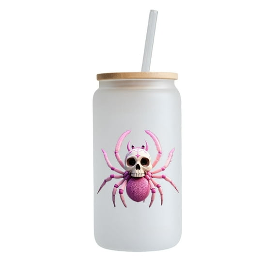 16 Ounce Frosted Glass Cup with Straw and Lid, Painted with Pink Spider Patterns, Tumbler Drinking Set, Great for Gift or Everyday Use