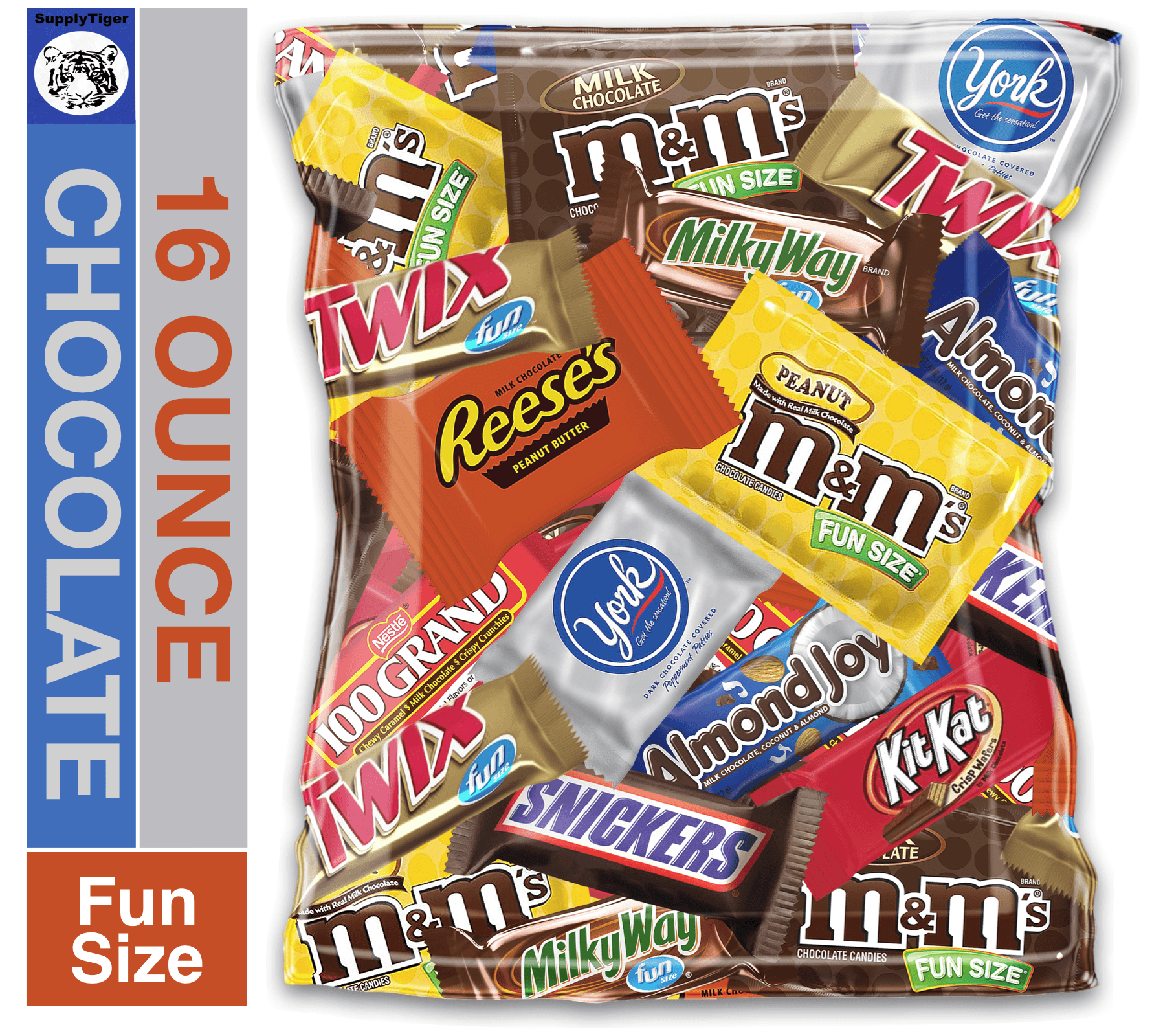 SUPPLYTIGER (16 Ounce) Variety Assortment Mix Bulk Pack Chocolate M&M's, Snickers, Milky Way, Twix, Reese's, York, 100 Grand, Almond Joy, Kitkat.