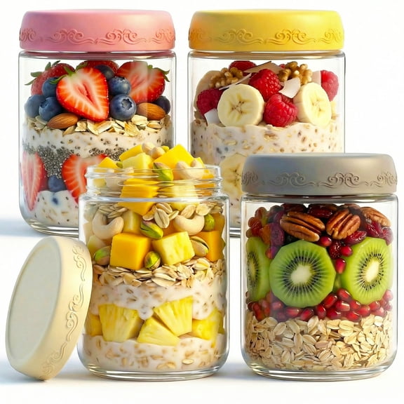 16 OZ 4 Pack Glass Meal Prep Jars with Lids Airtight Leakproof Reusable Containers for Overnight Oats Yogurt Parfait Salad Smoothies Food Storage