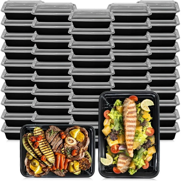 16 Oz, 50 Sets Meal Prep Containers with Airtight Lids, BPA Free, Reusable Plastic Food Container, 16 oz, Rectangular, Black/Clear, 50 Sets