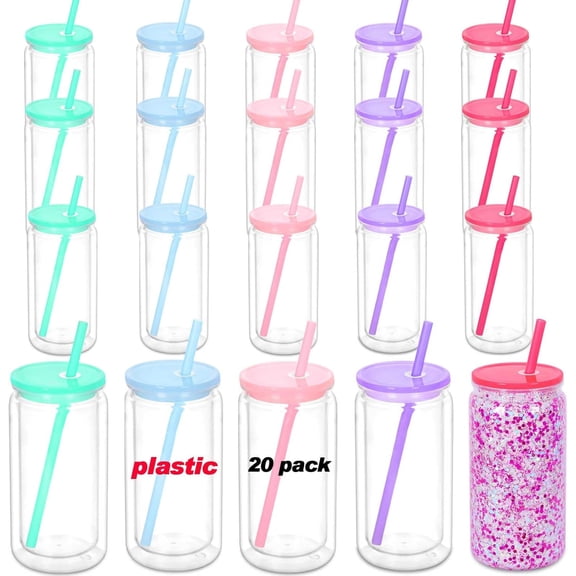 16 Oz Acrylic Snowglobe Tumbler, 20 Pack Pre-Drilled Double Wall Plastic Clear Cup for Glitter Snow Globe Diy, Double Wall Plastic Snowglobe Cup with Colorful Lid