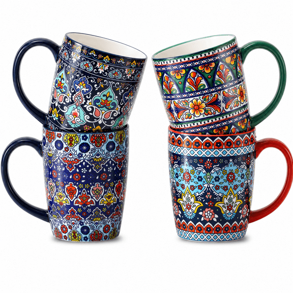 16 Oz Ceramic Coffee Mug Set of 4 Colorful Bohemian for Hot Cocoa Tea Latte