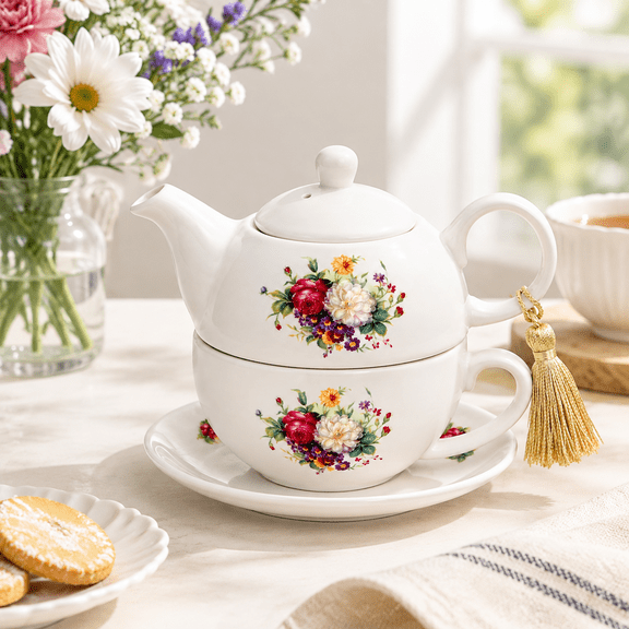 16 Oz Ceramic Single Serving Tea For One Set With Tassel, Cup Saucer And Teapot