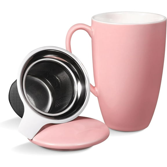 16 Oz Ceramic Tea Cup, Porcelain Tea Mug with Loose Leaf Infuser and Lid, Microwave and Dishwasher Safe Tea Mug, Tea Infuser Cup for Loose Leaf, Coffee, Cocoa and Milk, White