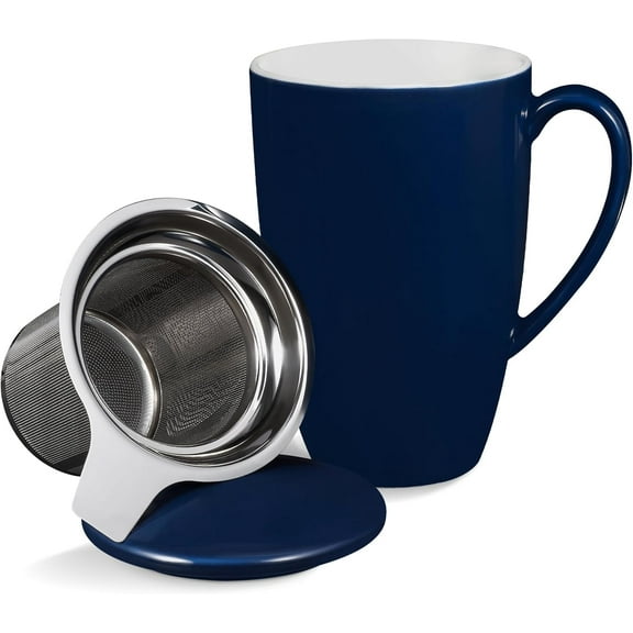 16 Oz Ceramic Tea Cup, Porcelain Tea Mug with Loose Leaf Infuser and Lid, Microwave and Dishwasher Safe Tea Mug, Tea Infuser Cup for Loose Leaf, Coffee, Cocoa and Milk, White