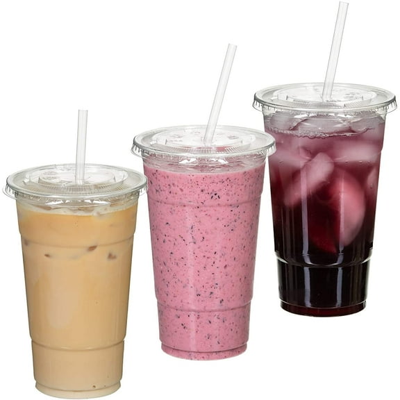 16 Oz Clear Plastic PET Cups With Flat Lid & Straw Qty 100