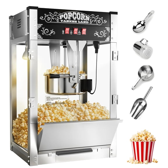 16 Oz Commercial Popcorn Machine, 1440 W, Movie Theater Popcorn Machine, Black Tabletop Pop Corn Machine with 3-Switch Control & Steel Frame Tempered Glass Doors