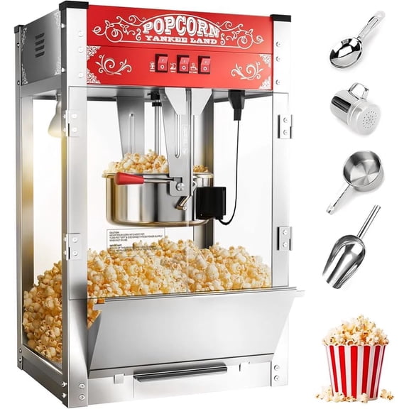 16 Oz Commercial Popcorn Machine, 1440 W, Movie Theater Popcorn Machine, Red Tabletop Pop Corn Machine with 3-Switch Control & Steel Frame Tempered Glass Doors