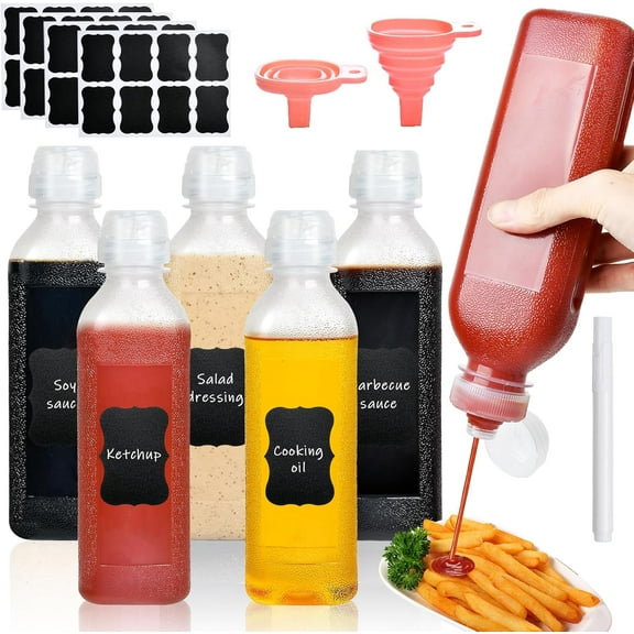 16 Oz Condiment Squeeze Bottles, 5 Pack Plastic Squeeze Squirt Bottle with Flip Top Cap, Multipurpose Squirt Bottles for Oil,Hot Sauce,Ketchup,BBQ(2 Silicone Funnel,5 Chalk Labels And 1 Pen)