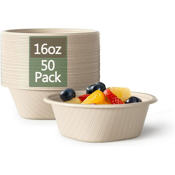 16 Oz Disposable Bowls Heavy Duty Small Paper Bowls made of 100% Compostable Heavy-duty Quality Natural Bagasse Biodegradable Bowls for Ice Cream, Dessert And Chili ect.[50 Pack]