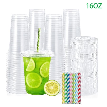 16 Oz Disposable Plastic Cups with Lids and Straws 100 SET Clear Cups BPA FREE