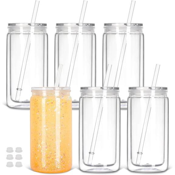16 Oz   Globe Tumbler with Lid and Straw, 6  Double Wall Pre Drilled  Mason Jar Cups Can for  Globe Glitter DIY (Clear)