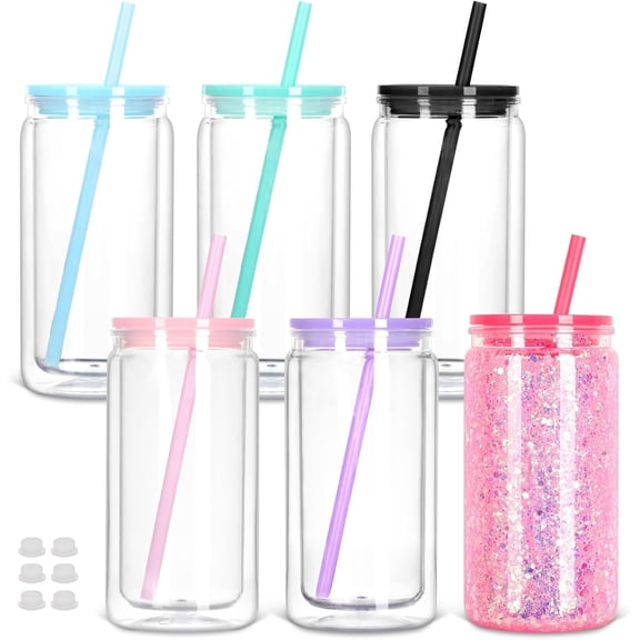 16 Oz   Globe Tumbler with Lid and Straw, 6  Double Wall Pre Drilled  Mason Jar Cups Can for  Globe Glitter DIY (Mixed Colors)
