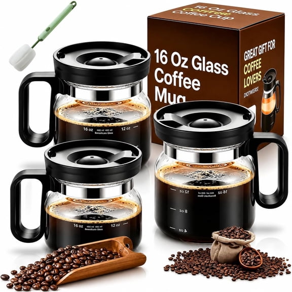 16 Oz Heatproof Clear Coffee Mug with Lid Microwave Safe for Office Home3Pcs