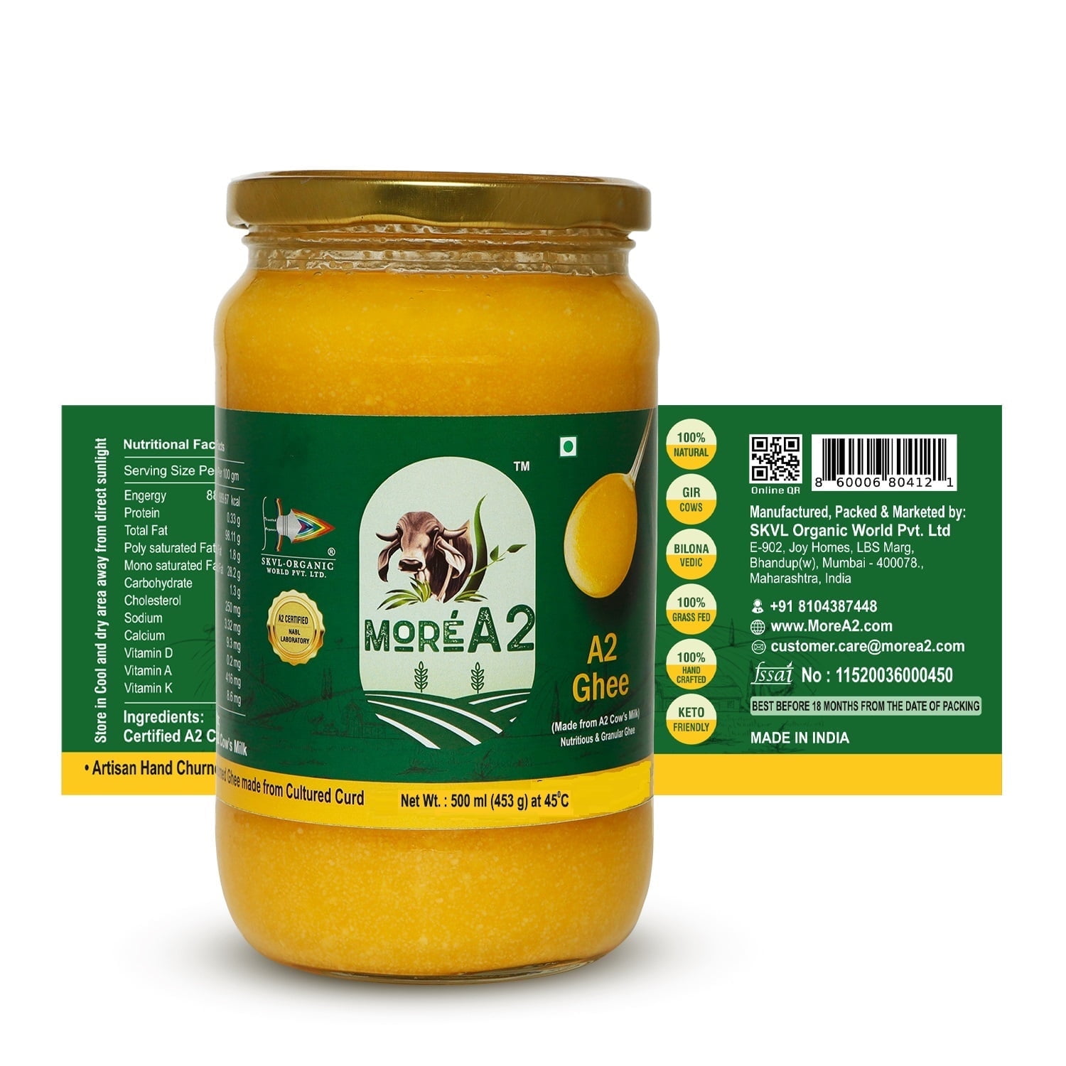 16 Oz MoreA2 Ghee (Natural Grass Fed | Free Range A2 Cow, Cultured Ghee, Bilona )