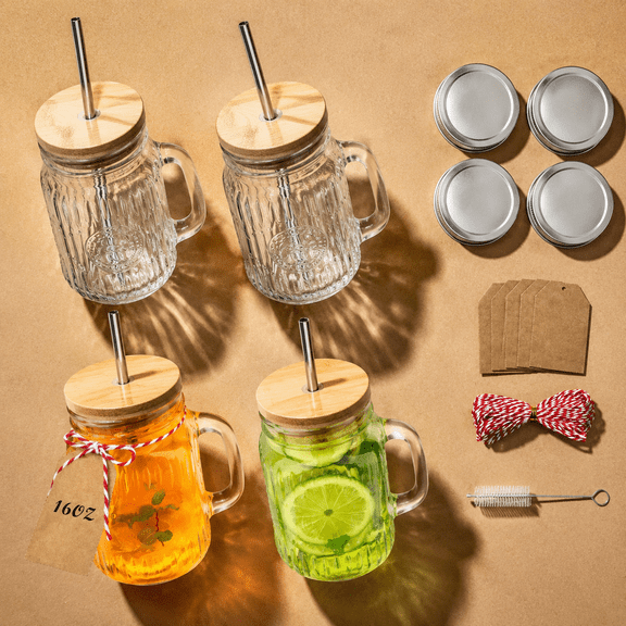 16 Oz Patterned Glass Mason Jar Cups with Handles and Lids, Set of 4