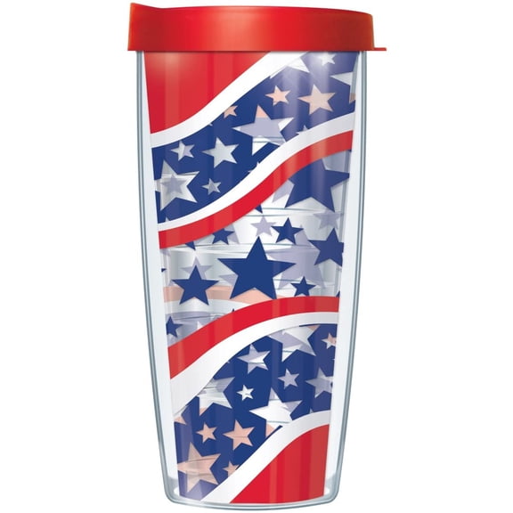 16 Oz Red, White & Blue USA Stars & Stripes on Clear Insulated Tumbler with Red Lid