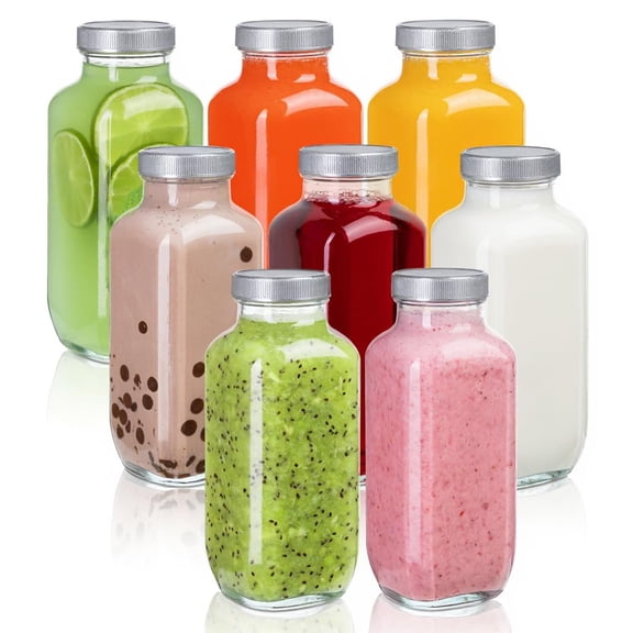 16 Oz - Set of 8 - Clear Glass Jars with Caps - Reusable Empty Drink Containers for Juicing, Smoothies, Water, Milk, Kombucha Storage, Wellness Shots and More