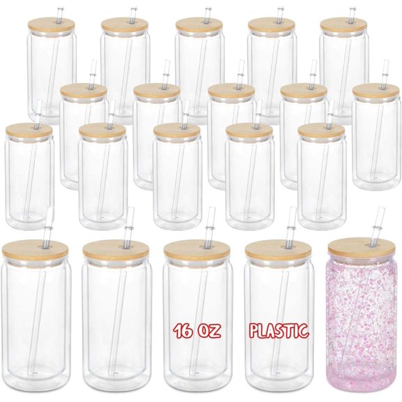 16 Oz Snowglobe Tumbler, 20 Pack Pre-Drilled Double Wall Plastic Clear Cup for Glitter Snow Globe Diy, Double Wall Plastic Snowglobe Cup with Lid