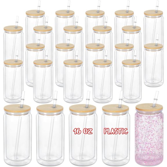 16 Oz Snowglobe Tumbler, 25 Pack Pre-Drilled Double Wall Plastic Clear Cup for Glitter Snow Globe Diy, Double Wall Plastic Snowglobe Cup with Lid