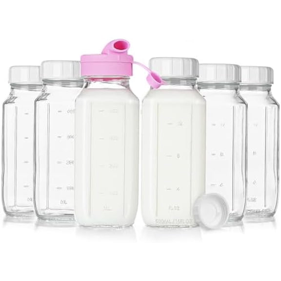 16 Oz Square Glass Milk Bottles with Airtight Cap, 6 Pack: For Juicing, Silicone Scale Mark, Breast Milk Storage Jugs, Easy to Carry  Home Decor