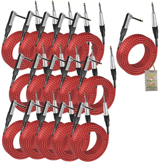 16 PACK - Fat Toad Guitar Cords Right Angle to Straight-End Instrument Cable Tweed Cloth Jacket Braided Woven 20FT 1/4 Inch Jack TS for Electric Guitar, Bass, AMP Shielded 24 AWG Patch Conductor