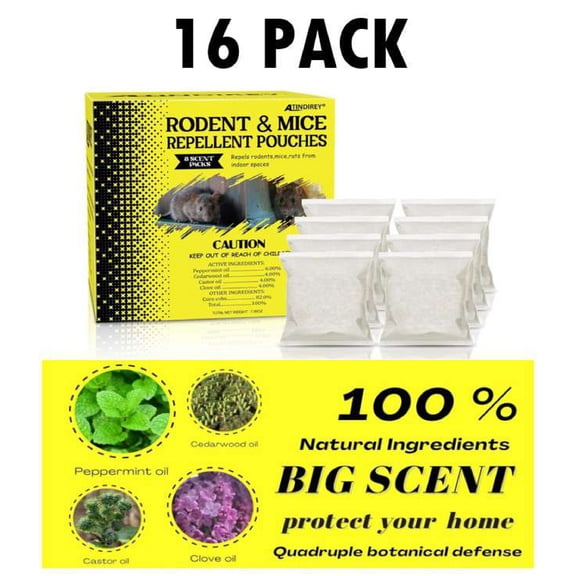 16 PACK! Mouse Rat Rodent Natural Peppermint Oil Pouches, Kid & Pet Safe Repellent Deterrent for Home, Car, Truck, RV, Garage, etc.