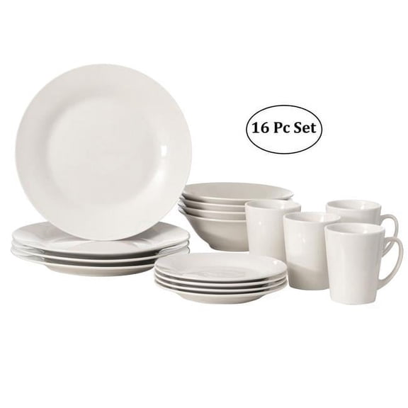 16 PC Rimmed Dinnerware Set for 4 - Mugs, Salad and Dinner Plates and Bowls Sets, High Quality Dishes with Highly Chip and Crack Resistant, Dishwasher and Microwave Safe, White