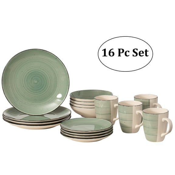 16 PC Spin Wash Dinnerware Dish Set for 4 Person | Mugs, Salad and Dinner Plates and Bowls Sets, High Quality Dishes with Highly Chip and Crack Resistant, Dishwasher and Microwave Safe, Green