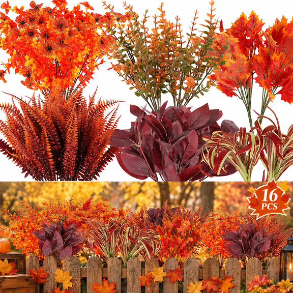 16 PCS Artificial Fall Flowers for Outdoors UV Resistant Waterproof for Indoor Outdoor Garden Porch Planter Window Box Home Decor (6 Colors)