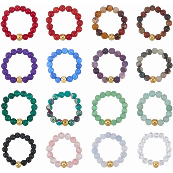 16 PCS Beaded Rings for Women Natural Faceted Gemstone Rings Set Gemstone Bead Stackable Rings Colorful for Cocktail Beaded Simple Glass Ring for Wedding New Year Gifts Colorful