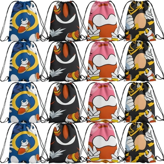 16 PCS Blue Hedgehog Drawstring Gift Bags, Birthday Party Goodie Bags, Reusable Lightweight Favor Bags, Birthday Party Decorations Supplies