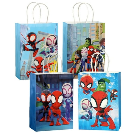 16 PCS Cartoon Anime Party Favor Candy Bags for Spiderman Themed Birthday Supplies Decor,Birthday Game Party Kraft Paper Goodie Gift Bag Decorations(5.9" x 3.1" x 8.2")