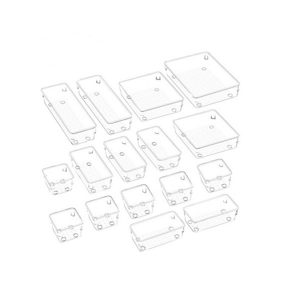 16 PCS Clear Drawer Organizer Set 5 Sizes Versatile Desk Drawer Storage Bins Bathroom Dresser Dividers Trays Dot Box for Makeup, Jewelries, Kitchen Utensils, Gadgets, Office