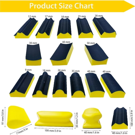 16 PCS Contoured Profile Sanding Block Set - Hook and Loop Foam Material Hand Sander Block- Interchangeable Assorted Convex & Concave Shapes for Sander Wood Woodworking Furniture, Auto Paint