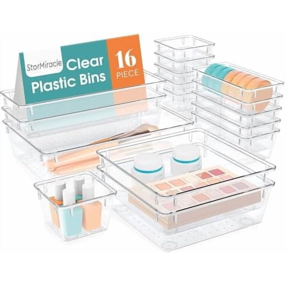 16 PCS Drawer Organizer Set, 5 Varied Size Bathroom and kitchen Drawer cabinet organizer Trays, Clear Storage Bins for Makeup, Jewelry, Utensils and Gadgets
